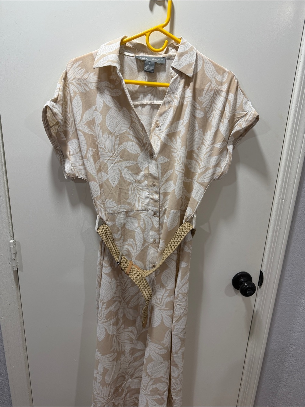Maxi Shirt Dress with White Leaf Print in Beige